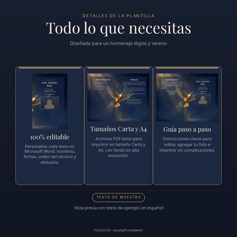 May include: A digital template for a funeral programme featuring a dark blue background with gold accents and a dove graphic. The layout includes sections for text, a photo placeholder, and instructions for editing in Microsoft Word for Letter and A4 sizes.