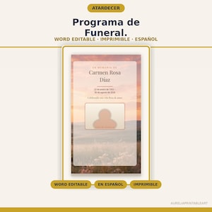 Programa de Funeral Editable en Español, Plantilla Word Atardecer, Folleto Homenaje Imprimible