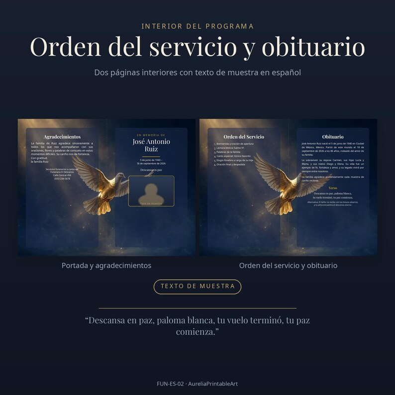 May include: A two-page funeral programme template featuring a dark blue background with a flying white dove. The text includes 'Orden del servicio y obituario', 'Agradecimientos', 'En memoria de Jos&eacute; Antonio Ruiz', and 'Descansa en paz, paloma blanca'.