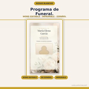Programa de Funeral Editable en Español, Plantilla Word Rosas Blancas, Folleto Memorial Imprimible