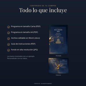 May include: A digital funeral programme template set on a dark blue background featuring a dove graphic. Includes a letter-sized PDF, A4 PDF, editable Word document, instruction guide, and high-resolution JPG. Text reads: CONTENIDO DE TU COMPRA Todo lo que incluye.