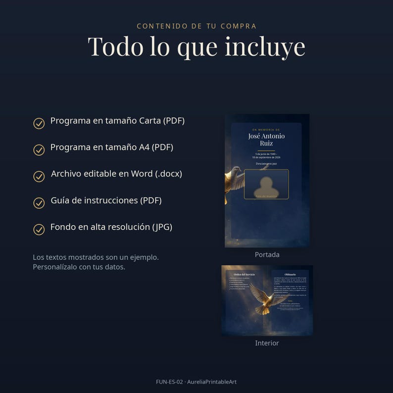 May include: A digital funeral programme template set on a dark blue background featuring a dove graphic. Includes a letter-sized PDF, A4 PDF, editable Word document, instruction guide, and high-resolution JPG. Text reads: CONTENIDO DE TU COMPRA Todo lo que incluye.
