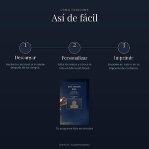 May include: A dark blue instructional graphic titled C&Oacute;MO FUNCIONA As&iacute; de f&aacute;cil, outlining three steps: 1. Descargar, 2. Personalizar, and 3. Imprimir. It features a central template for a memorial programme with a dove image and placeholder for a photo.
