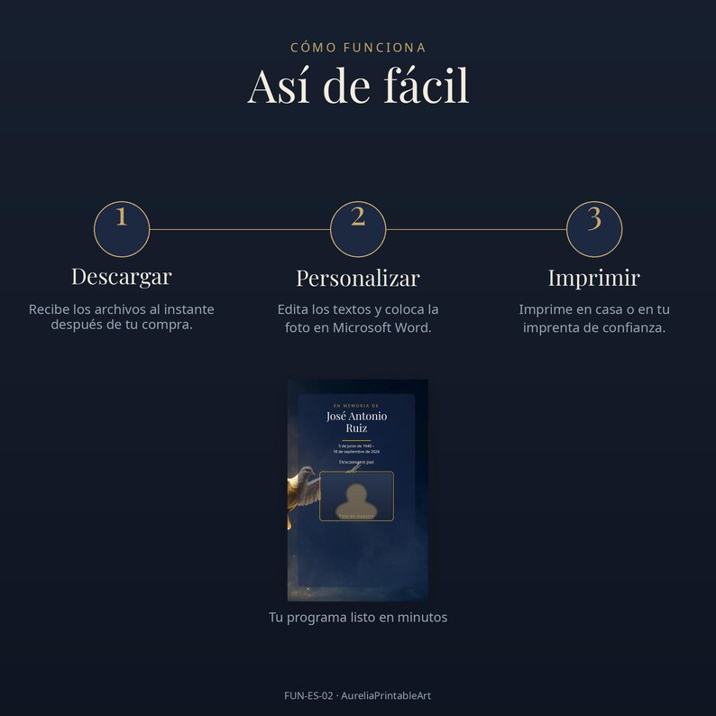 May include: A dark blue instructional graphic titled C&Oacute;MO FUNCIONA As&iacute; de f&aacute;cil, outlining three steps: 1. Descargar, 2. Personalizar, and 3. Imprimir. It features a central template for a memorial programme with a dove image and placeholder for a photo.