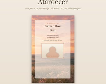 May include: An editable memorial programme template titled Atardecer featuring a sunset landscape background. The design includes a central white overlay with placeholder text for a name, dates, and a photo, plus the text: EN MEMORIA DE Carmen Rosa Díaz.
