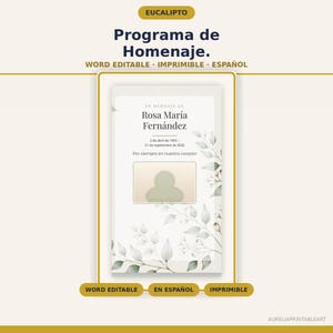 Programa de Homenaje Editable en Español, Plantilla Word Eucalipto, Folleto Memorial Imprimible