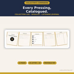 May include: A digital vinyl collection logbook featuring five pages including a cover with a record graphic, a collection log, a grading guide, a listening journal, and a wishlist. The text reads Collector's Companion, Every Pressing, Catalogued, Collection Log, Wishlist, Listening Journal, 14 Pages, US Letter + A4, and Printable PDF.