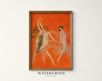 May include: A framed art print featuring three figures dancing against a vibrant orange background. The figures wear flowing, sheer garments that drape around their bodies as they move. The frame is a metallic gold colour with the text WATERGROVE PRINTS.