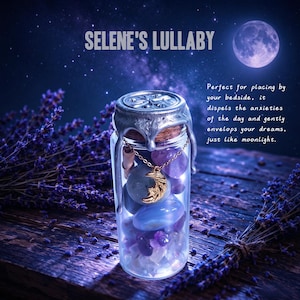 May include: A clear glass jar filled with assorted smooth purple and blue stones, topped with a silver-coloured wax seal over a cork stopper. A gold-toned crescent moon pendant on a delicate chain hangs around the neck of the jar.