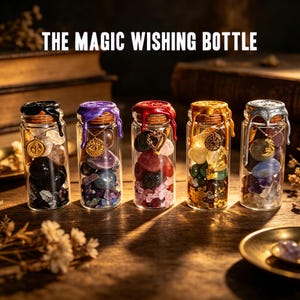 Colección completa de alquimista / Juego de 5 frascos de cristal para pedir deseos / Protección, riqueza, amor, sueño y concentración / Caja de regalo de boticario de estilo Dark Academia