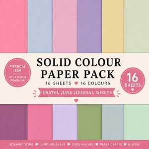 May include: A solid colour paper pack containing 16 sheets in 16 different pastel colours. The packaging features the text SOLID COLOUR PAPER PACK, 16 SHEETS, 16 COLOURS, PASTEL JUNK JOURNAL SHEETS, PHYSICAL ITEM, and SCRAPBOOKING JUNK JOURNALS CARD MAKING PAPER CRAFTS & MORE.