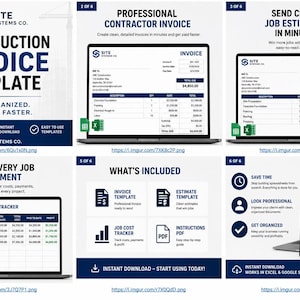 May include: A digital construction invoice and estimate template set for Excel and Google Sheets by Site Systems Co. The graphics display a professional invoice, job estimate, and cost tracker on laptop screens with clear text and blue accents.