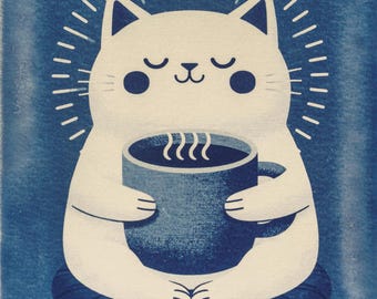 Handmade cyanotype | Indigo print | Art | Sun print | Wall decor | Unique wall art | Cat + Coffee