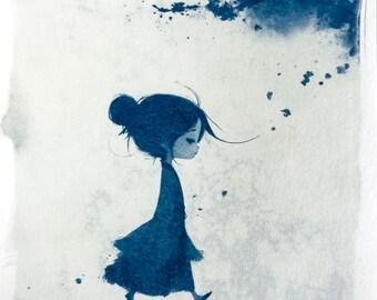 Handmade cyanotype | Indigo print | Art | Sun print | Wall decor | Unique wall art | Girl