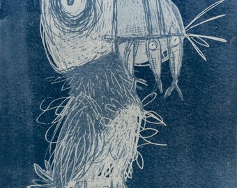 Handmade cyanotype | Indigo print | Art | Sun print | Wall decor | Unique wall art | Puffins