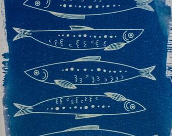 Handmade cyanotype | Indigo print | Art | Sun print | Wall decor | Unique wall art | Sardines