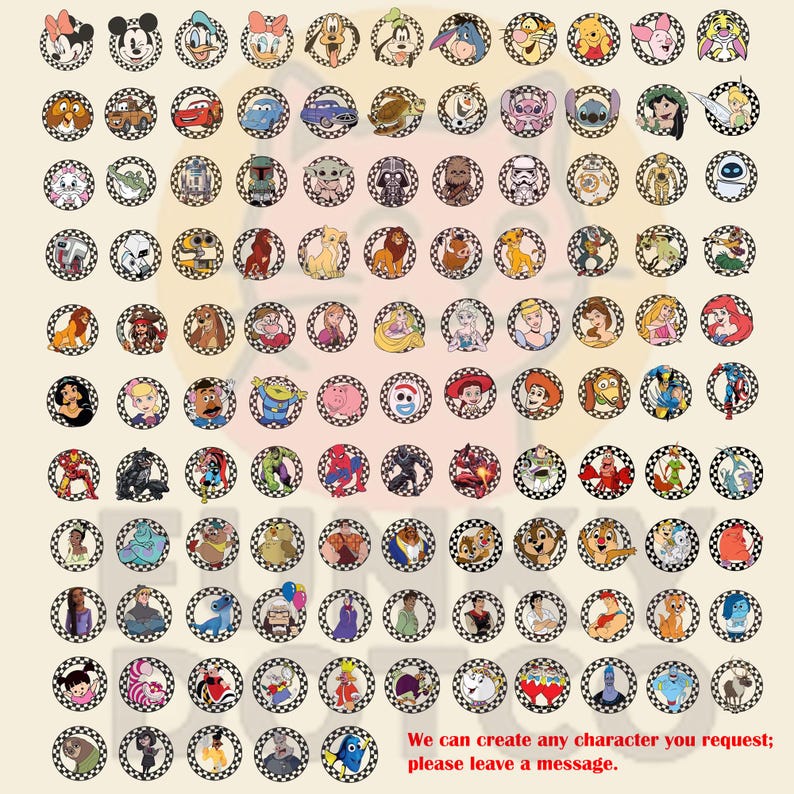 Puede incluir: Una colecci&oacute;n de pegatinas circulares con varios personajes animados, cada una encerrada en un borde a cuadros blanco y negro. El texto en la parte inferior derecha dice: We can create any character you request; please leave a message.