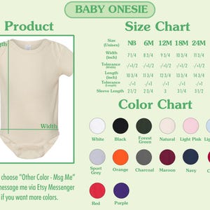 Puede incluir: Un body para beb&eacute; de color beige mostrado con una tabla de tallas que enumera anchos y largos en pulgadas para tallas de NB a 24M, y una carta de colores con 14 muestras circulares que incluyen blanco, negro, verde bosque, natural, rosa, azul, gris, naranja, carb&oacute;n, granate, marino, cardenal, rojo y morado.