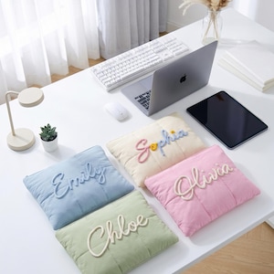 Chenille name laptop bag, custom quilted laptop cover, personalized laptop bag, a great gift for your roommate/colleague