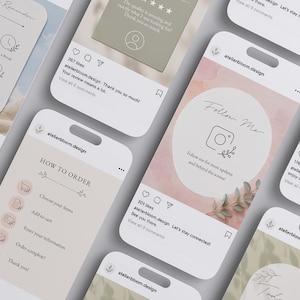 May include: Multiple smartphone screens displaying social media post templates with soft pastel backgrounds, minimalist line art icons, and text such as Follow Me, How to Order, and Daily Reminder, featuring the handle atelierbloom.design.