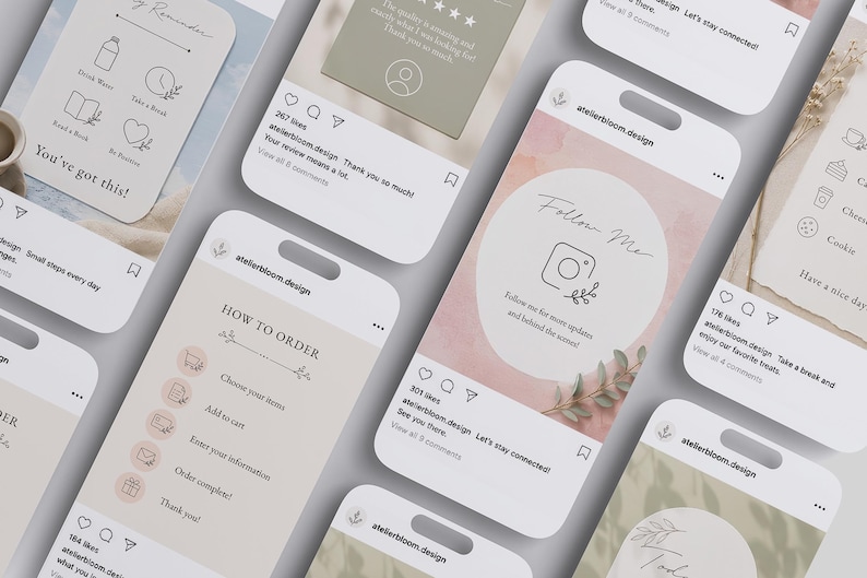 May include: Multiple smartphone screens displaying social media post templates with soft pastel backgrounds, minimalist line art icons, and text such as Follow Me, How to Order, and Daily Reminder, featuring the handle atelierbloom.design.