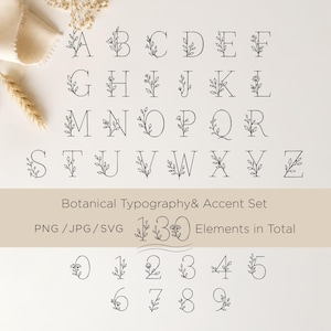 May include: A digital collection of black line art letters A through Z and numbers 0 through 9, each decorated with botanical leaf and flower motifs. The text Botanical Typography & Accent Set and 130 Elements in Total PNG/JPG/SVG is visible.
