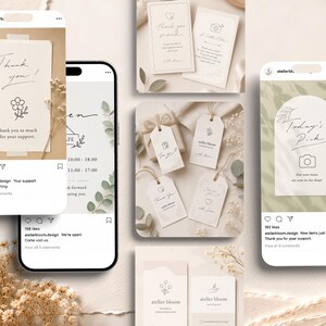 May include: A collection of digital marketing templates for social media featuring smartphones displaying Instagram feeds, rectangular thank you cards, and four paper gift tags with twine, all decorated with line art floral and camera icons.