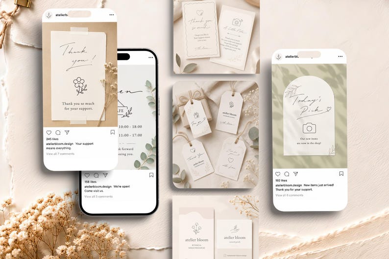 May include: A collection of digital marketing templates for social media featuring smartphones displaying Instagram feeds, rectangular thank you cards, and four paper gift tags with twine, all decorated with line art floral and camera icons.