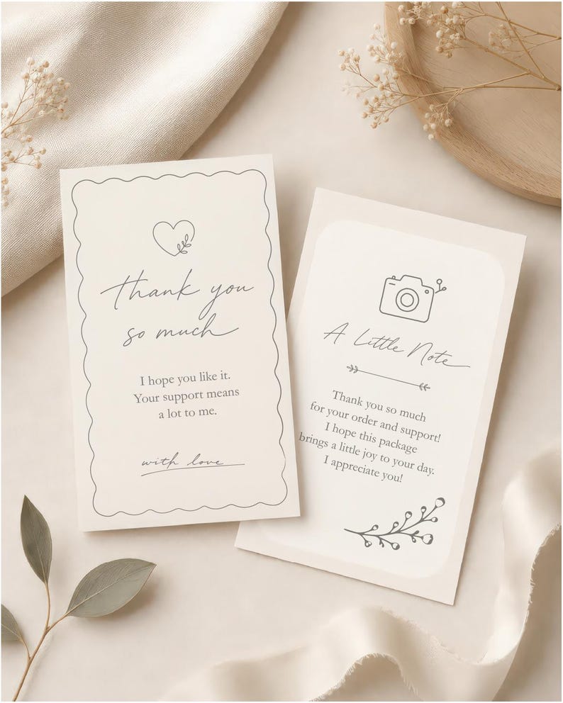 May include: Two rectangular off-white thank you cards with dark gray text and line art. The left card features a heart, the text "thank you so much", "I hope you like it. Your support means a lot to me.", and "with love.". The right card shows a camera icon, "A Little Note", and a message of appreciation.