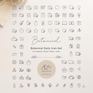 Può includere: Una collezione di oltre 81 icone in linea nera con accenti botanici. Il set include simboli per fotocamere, posta, calendari, cuori, carrelli della spesa e piante. Il testo recita Botanical Daily Icon Set for Instagram, Shops, Menus, Cards.