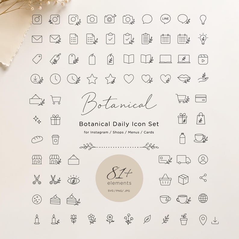 May include: A collection of 81+ black line art icons featuring botanical accents. The set includes symbols for cameras, mail, calendars, hearts, shopping carts, and plants. The text reads Botanical Daily Icon Set for Instagram, Shops, Menus, Cards.