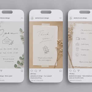 May include: Three digital social media post templates featuring cafe signage, a thank you note, and a menu. The designs include handwritten-style text, line art illustrations of flowers and food items, and botanical accents on light and tan backgrounds.