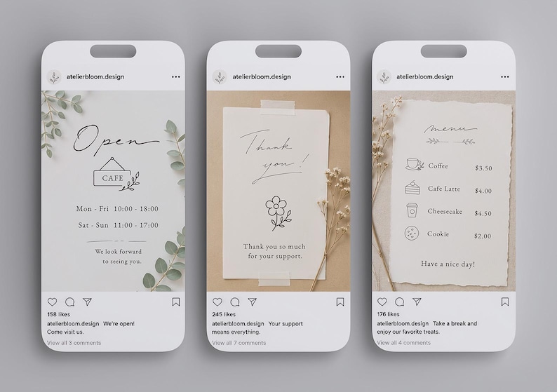 May include: Three digital social media post templates featuring cafe signage, a thank you note, and a menu. The designs include handwritten-style text, line art illustrations of flowers and food items, and botanical accents on light and tan backgrounds.