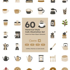 60 Cafe Clipart Set, Coffee Shop PNG SVG EPS, Minimal Coffee Elements, Bakery and Barista Illustrations for Canva, Menu Design