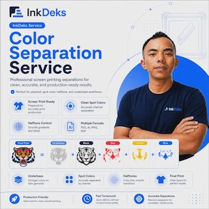 May include: An InkDeks colour separation service advertisement featuring a person with arms crossed. The graphic displays text, icons, and a tiger illustration showing the breakdown of underbase, black, red, yellow, and blue colour layers.