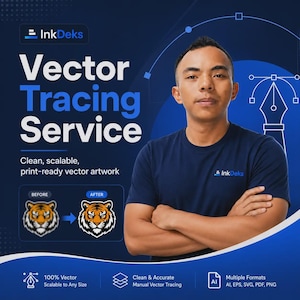 May include: A promotional graphic for InkDeks Vector Tracing Service featuring text that reads Vector Tracing Service, Clean, scalable, print-ready vector artwork, and a before and after comparison showing a blurry tiger image converted to a sharp vector.