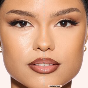 May include: A split-screen comparison of a face showing skin texture before and after applying Peach Cupcake Easy Bake Pressed powder. The image features text labels reading NO RETOUCHING, BEFORE EASY BAKE PRESSED, and AFTER EASY BAKE PRESSED.