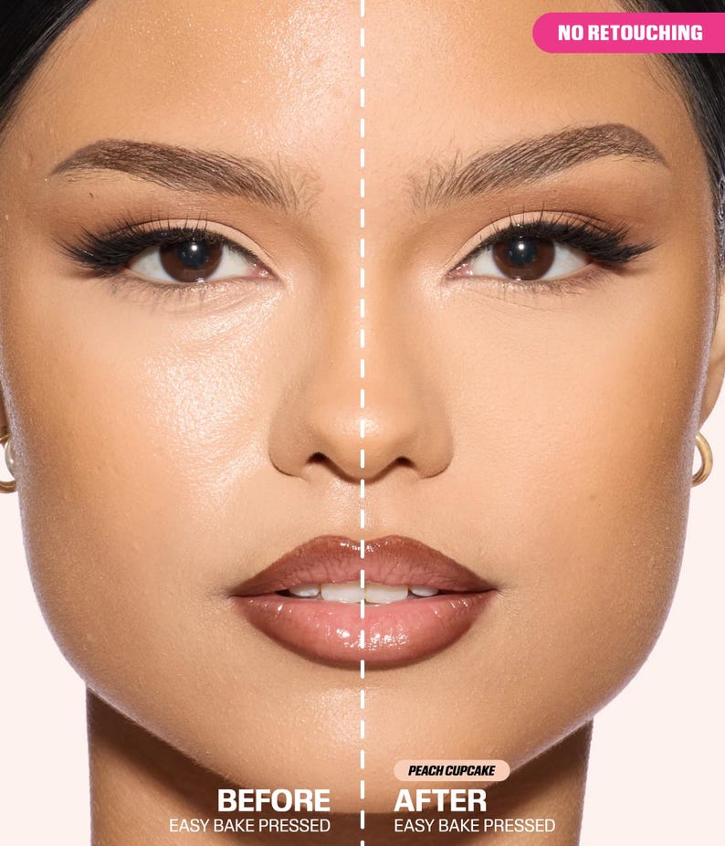 May include: A split-screen comparison of a face showing skin texture before and after applying Peach Cupcake Easy Bake Pressed powder. The image features text labels reading NO RETOUCHING, BEFORE EASY BAKE PRESSED, and AFTER EASY BAKE PRESSED.