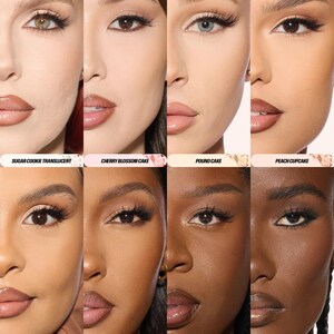 May include: A grid of eight close-up portraits showing diverse skin tones with makeup application. Each section features a label: Sugar Cookie Translucent, Cherry Blossom Cake, Pound Cake, Peach Cupcake, Banana Bread, Kunafa Blondie, Cinnamon Bun, and Coco Truffle.