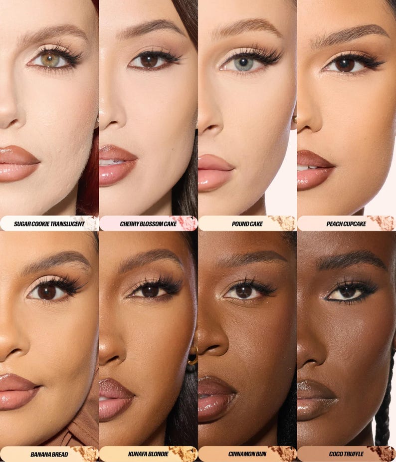 May include: A grid of eight close-up portraits showing diverse skin tones with makeup application. Each section features a label: Sugar Cookie Translucent, Cherry Blossom Cake, Pound Cake, Peach Cupcake, Banana Bread, Kunafa Blondie, Cinnamon Bun, and Coco Truffle.