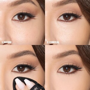 May include: A four-part sequence showing eye makeup application. Panel 1 labeled 1. BEFORE shows skin texture. Panel 2 labeled 2. CONCEAL shows applied concealer. Panel 3 labeled 3. PRESS shows a black Huda Beauty powder puff. Panel 4 labeled 12HR WEAR.