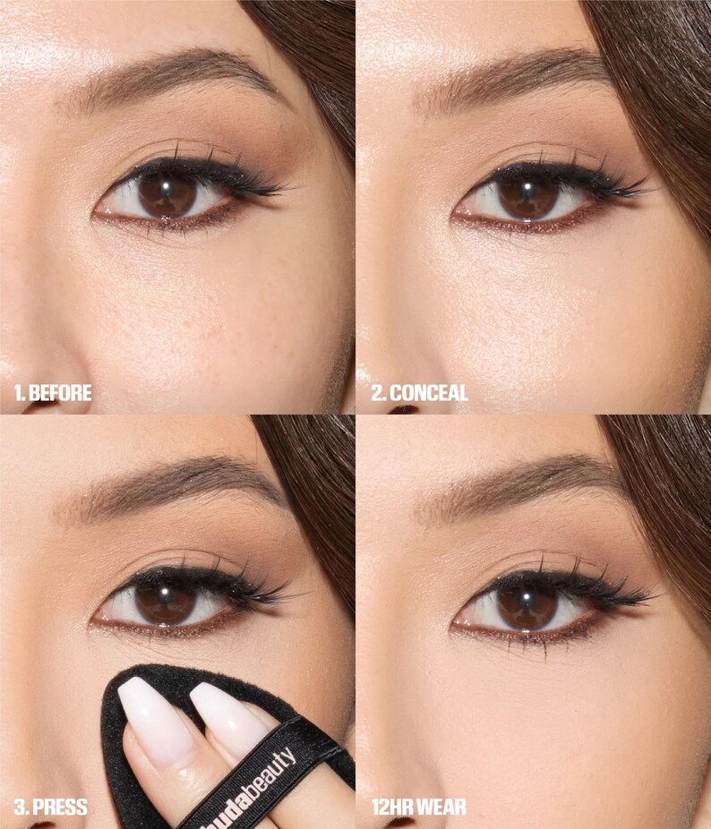 May include: A four-part sequence showing eye makeup application. Panel 1 labeled 1. BEFORE shows skin texture. Panel 2 labeled 2. CONCEAL shows applied concealer. Panel 3 labeled 3. PRESS shows a black Huda Beauty powder puff. Panel 4 labeled 12HR WEAR.