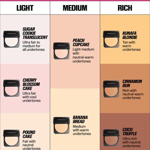May include: An Easy Bake Pressed Guide chart displaying eight square compacts with black lids and various shades of pressed powder. The shades are categorized by skin tones: Light, Medium, and Rich, with labels including Sugar Cookie Translucent, Cherry Blossom Cake, Pound Cake, Peach Cupcake, Banana Bread, Kunafa Blondie, Cinnamon Bun, and Coco Truffle.