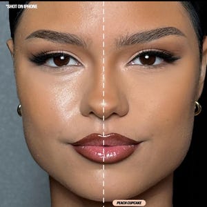 May include: A split-screen comparison of a face showing skin texture without and with Easy Bake Pressed powder in Peach Cupcake. Text reads AIRBRUSH MADE EASY, NO RETOUCHING, SHOT ON IPHONE, WITHOUT EASY BAKE PRESSED, and 12HRS WITH EASY BAKE PRESSED.