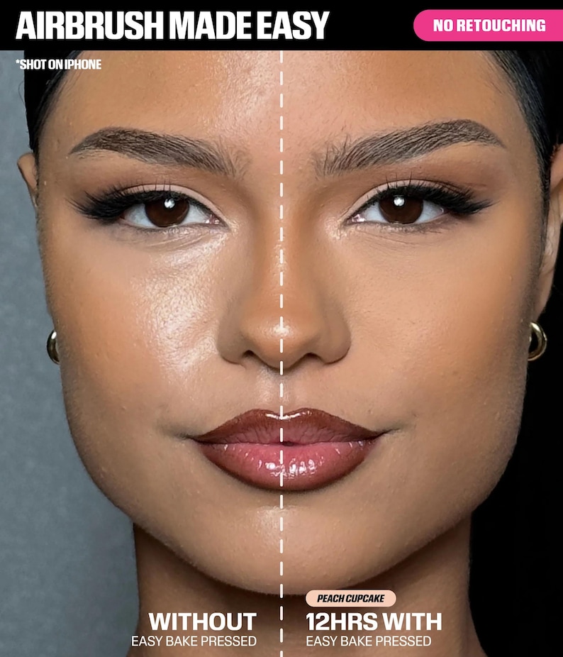 May include: A split-screen comparison of a face showing skin texture without and with Easy Bake Pressed powder in Peach Cupcake. Text reads AIRBRUSH MADE EASY, NO RETOUCHING, SHOT ON IPHONE, WITHOUT EASY BAKE PRESSED, and 12HRS WITH EASY BAKE PRESSED.