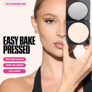 May include: A black square compact containing light beige pressed powder and a mirror, with text reading EASY BAKE PRESSED, NON-COMEDOGENIC, TALC & FRAGRANCE-FREE, 12HR SHINE CONTROL, SUPER FINE POWDER, and NON-CAKING displayed on the screen.