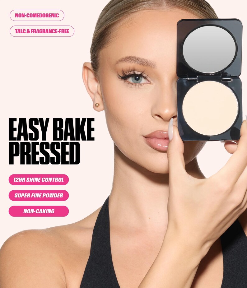 May include: A black square compact containing light beige pressed powder and a mirror, with text reading EASY BAKE PRESSED, NON-COMEDOGENIC, TALC & FRAGRANCE-FREE, 12HR SHINE CONTROL, SUPER FINE POWDER, and NON-CAKING displayed on the screen.