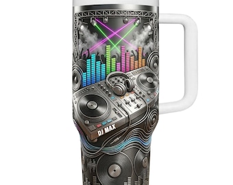 Personalized DJ Controller 40oz Tumbler, Custom DJ Name Insulated Cup with Handle, Music Lover Gift, Stainless Steel Drinkware for Him Her