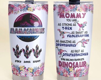 Personalized Dinosaur Mom Tumbler | Custom Mamasaurus Insulated Stainless Steel Cup with Kids Names | Unique Gift for Mom