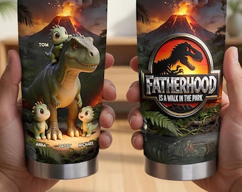 Custom Dinosaur Dad Tumbler with Kids Names, Personalized Fatherhood Gift, Insulated Dino Cup, Jurassic Park Style Father's Day Gift